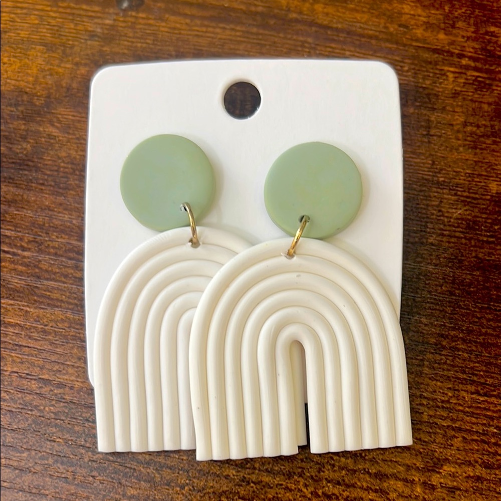 Clay Rainbow Earrings - White and Sage - Picture 1 of 2